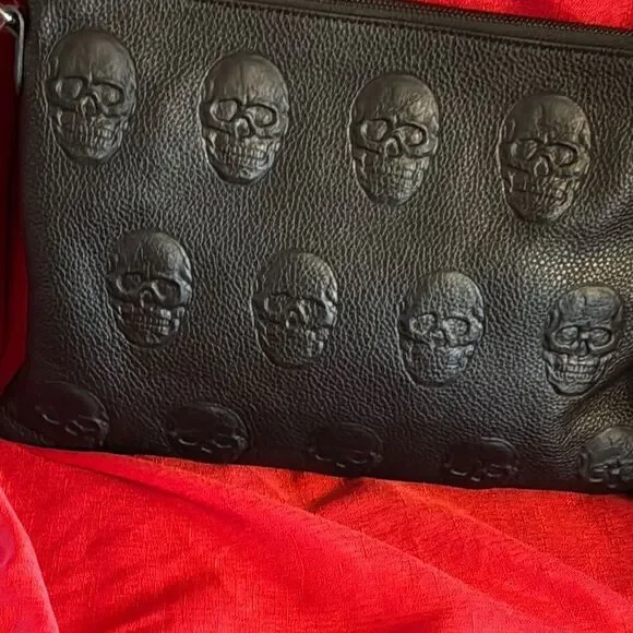 Impeller Black Skull Embossed italian leather crossbody Bag